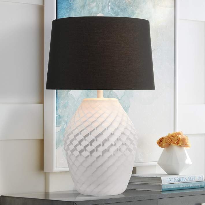 Table Lamp Geometric Diamond Pattern White Monochrome Modern
