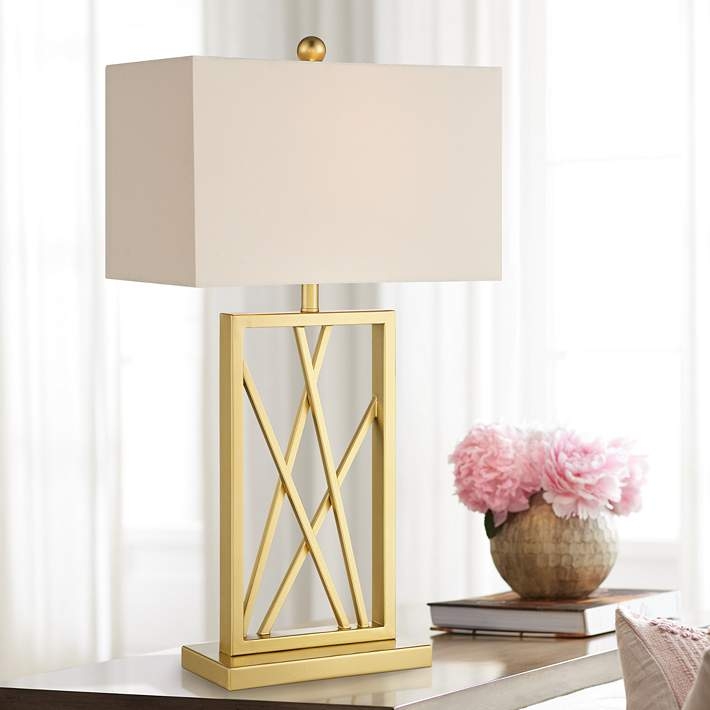 Table Lamp Geometric Open Frame Square Gold Base Glam Bedside Light