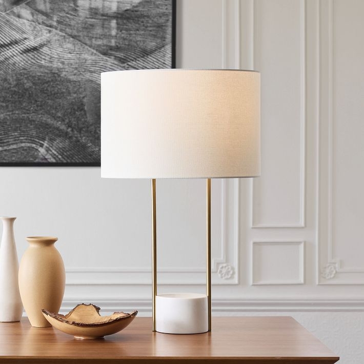 Table Lamp Geometric Outline Base Dark Metal Linen Like Drum Shade