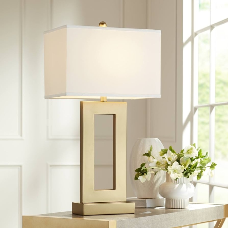 Table Lamp, Glam Gold with Oatmeal Rectangular Shade.