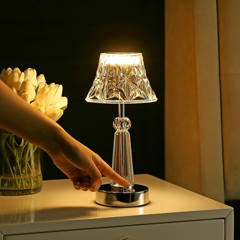 Table Lamp Glam Polished Chrome Clear Faceted Acrylic Crystal Effect