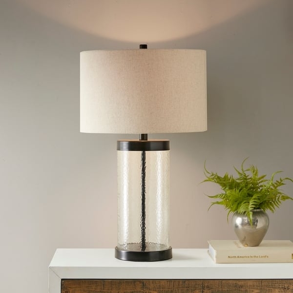 Table Lamp Glass Cylinder Base Exposed Internal Gold Rod Accents