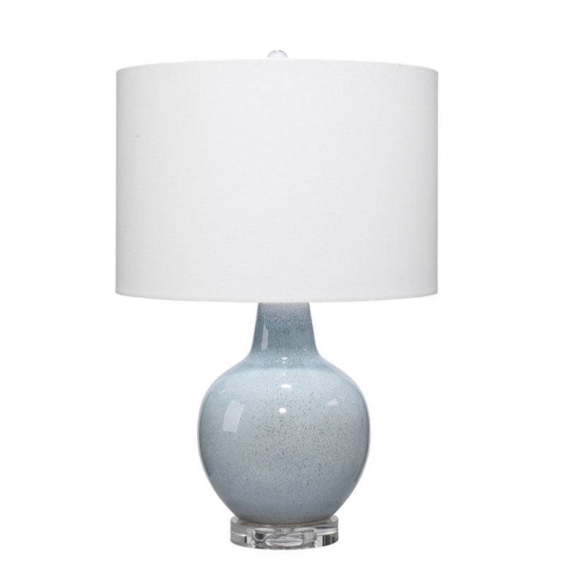 Table Lamp, Glossy Blue Glaze Ceramic, Bulbous Silhouette, Coastal