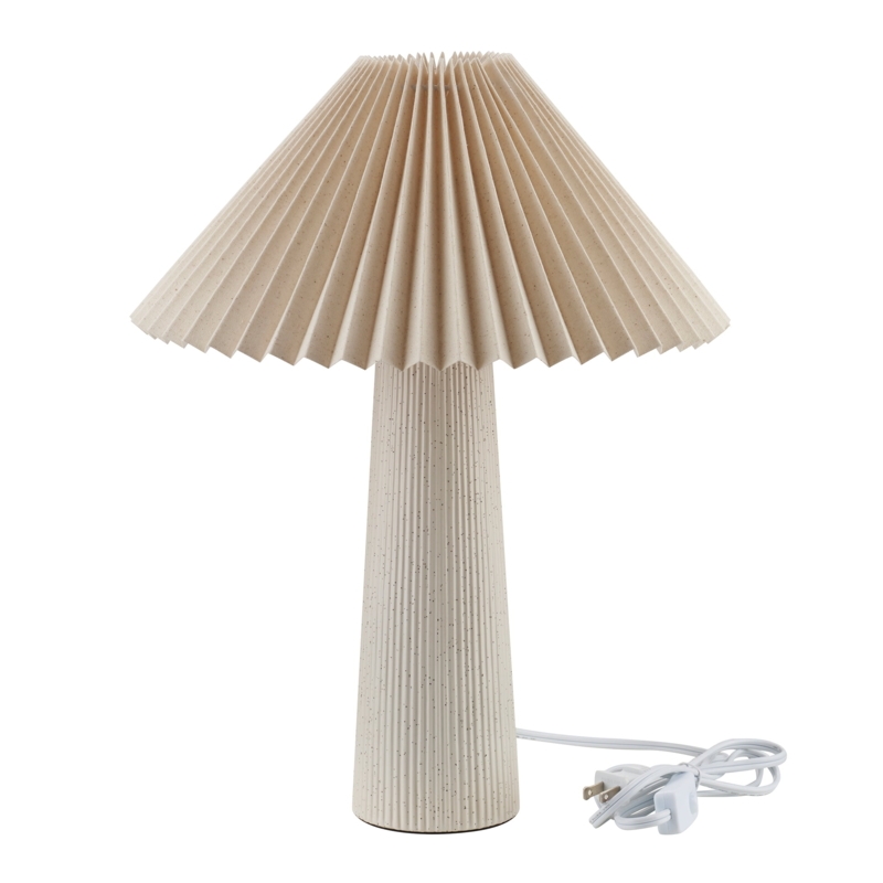 Table Lamp Glossy Blue Ribbed Ceramic Base Ivory Pleated Shade Decor
