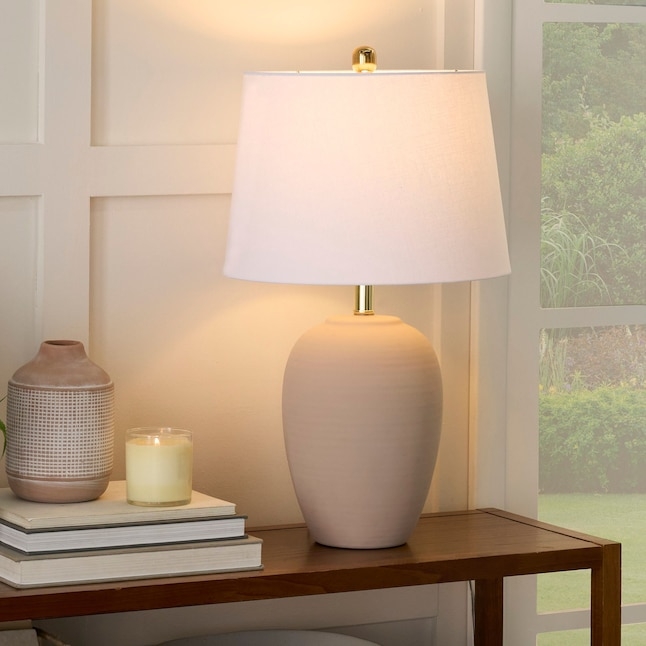 Table Lamp: Glossy Blush Ceramic Urn Base, Drum Shade. Traditional Decor.