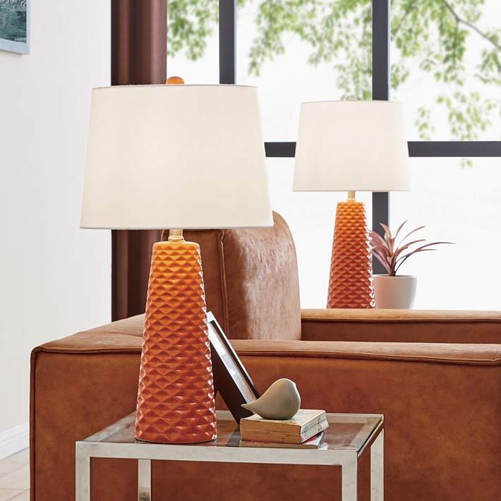 Table Lamp: Glossy Ceramic Ribbed Gourd, White Tapered Shade