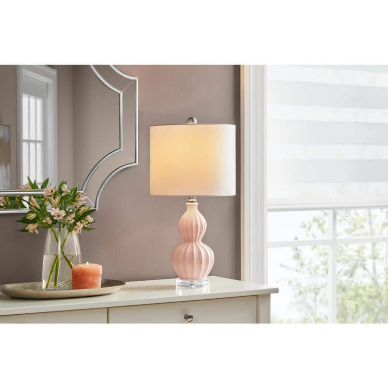 Table Lamp: Glossy Ceramic Teardrop Gourd Base, Drum Shade. Modern Gourd Lamp.