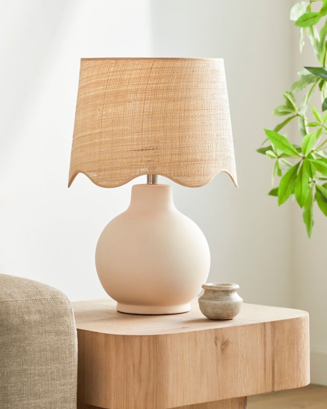 Table Lamp: Glossy Cream Droplet Base, Cream Ceramic Lamp Scalloped Shade