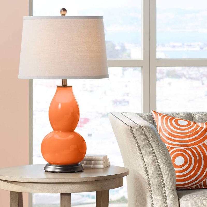 Table Lamp: Glossy Glass Double Gourd with Tapered Drum Shade