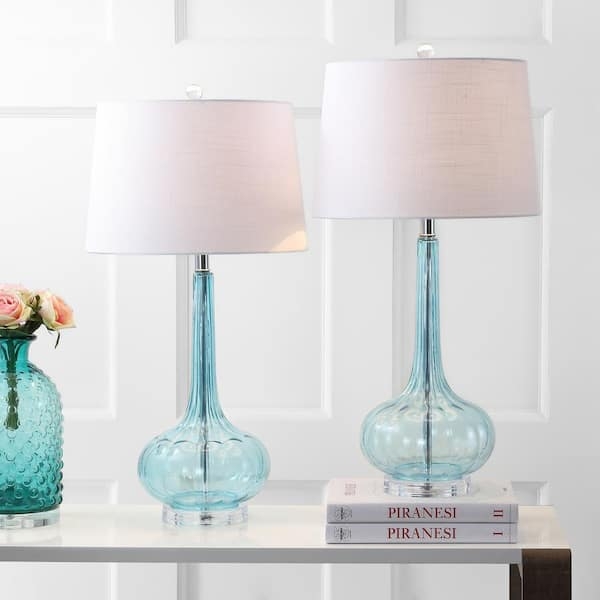 Table Lamp Glossy Glass Teardrop Base Brass Finish Drum Shade