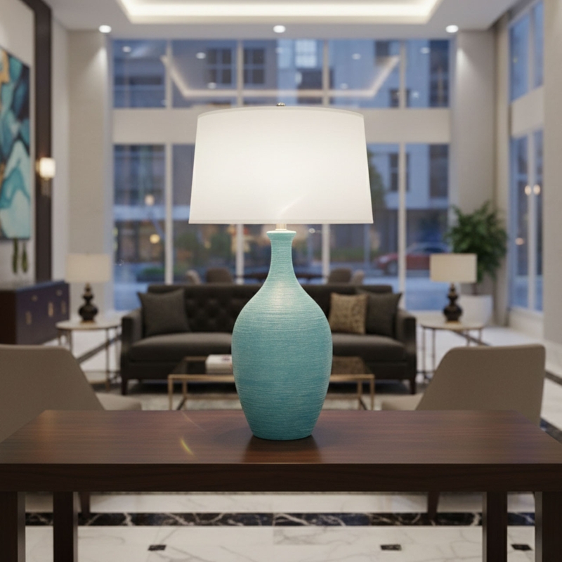 Table Lamp, Glossy Sky Blue Ceramic, Gourd Silhouette
