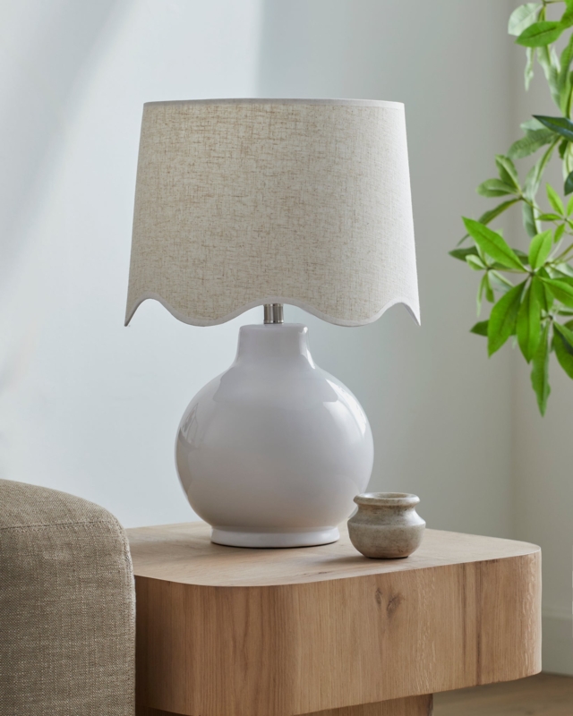 Table Lamp: Glossy White Bulbous Base, Scalloped Shade, Coastal Cottage Lamp