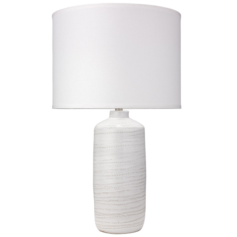 Table Lamp, Glossy White Swirl Base with Oversized Drum Shade, Sculptural.