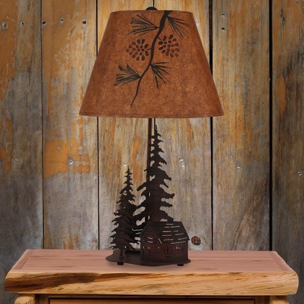 Table Lamp Glowing Cabin Base Whipstitched Shade Lodge Style