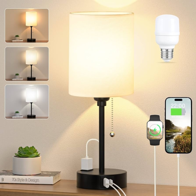 Table Lamp Gold Base Integrated Charging Station Pull Chain