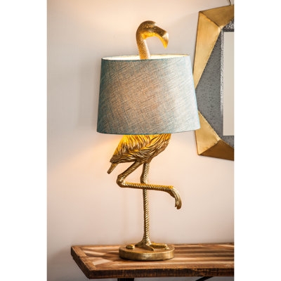 Table Lamp: Gold Finish Flamingo Base with Drum Shade, Eclectic Glam.