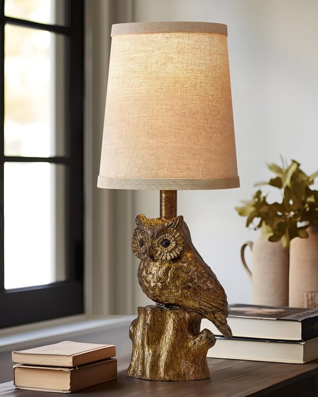 Table Lamp Gold Owl Base with Whimsical Farmhouse Shade