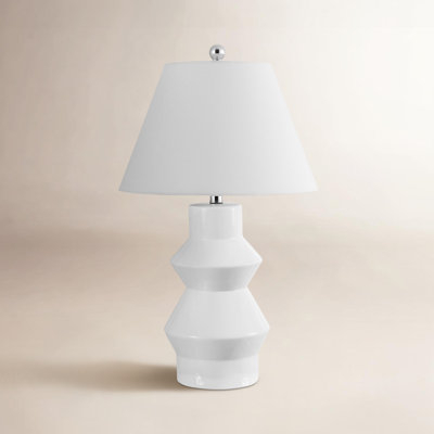 Table Lamp Gray Ceramic Horizontal Ribbing Bulbous Base Coastal Style