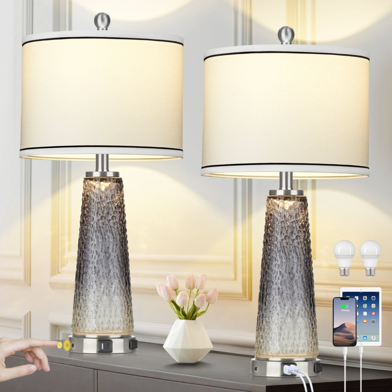 Table Lamp Gray Crackled Glass Base USB Charging Ports Glam Bedside