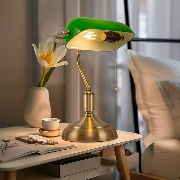 Table Lamp Green Dome Shade with Industrial Arc Stem