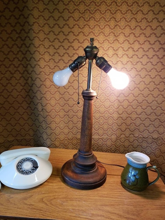 Table Lamp Green Pleated Shade Lighting, Twin Slat Wood Base