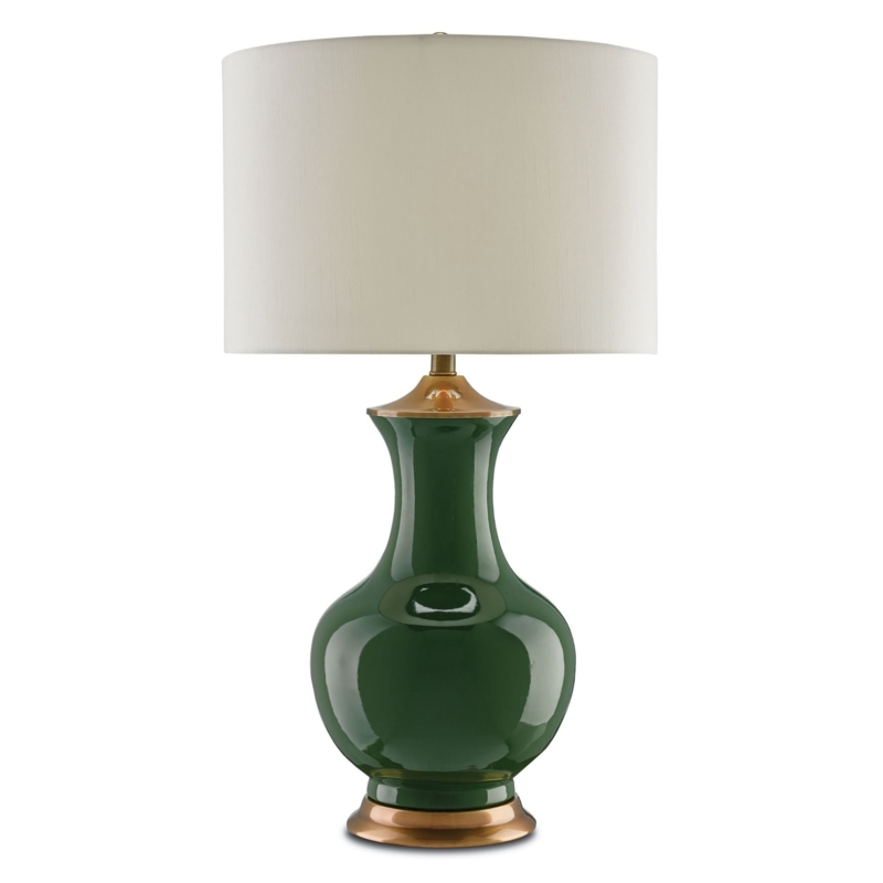 Table Lamp Green Textured Glass Antique Brass Pedestal Hammered Base