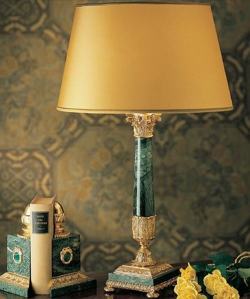 Table Lamp Green Veined Stone Base Polished Gold Accents Pleated Shade