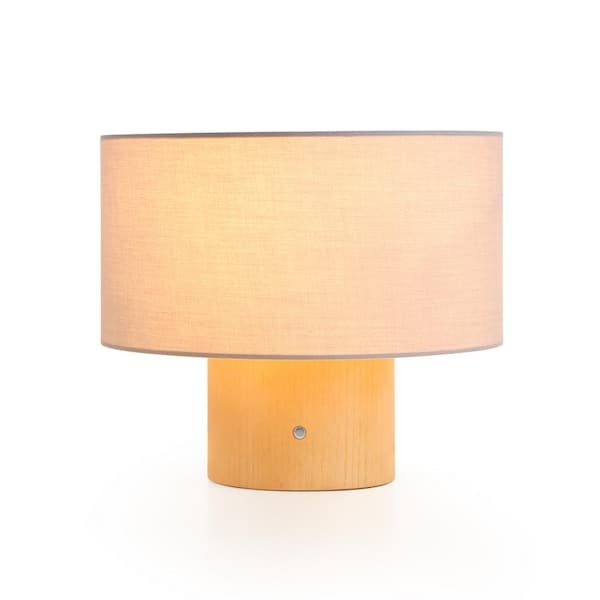 Table Lamp Grey Linen Shade Wood Base Cylindrical Scandinavian Style