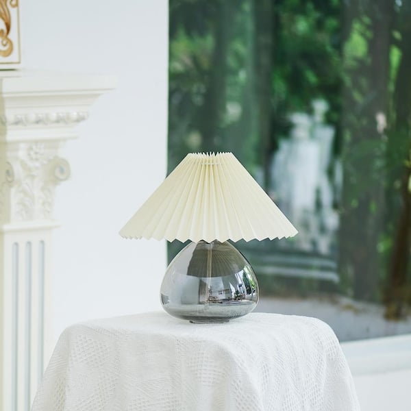 Table Lamp Grey Pleated Empire Shade Retro Metal Pull Chain Switch