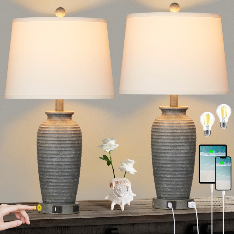 Table Lamp Grey Textured Ribbed Ceramic Modern Ribbed Ceramic Table Lamp