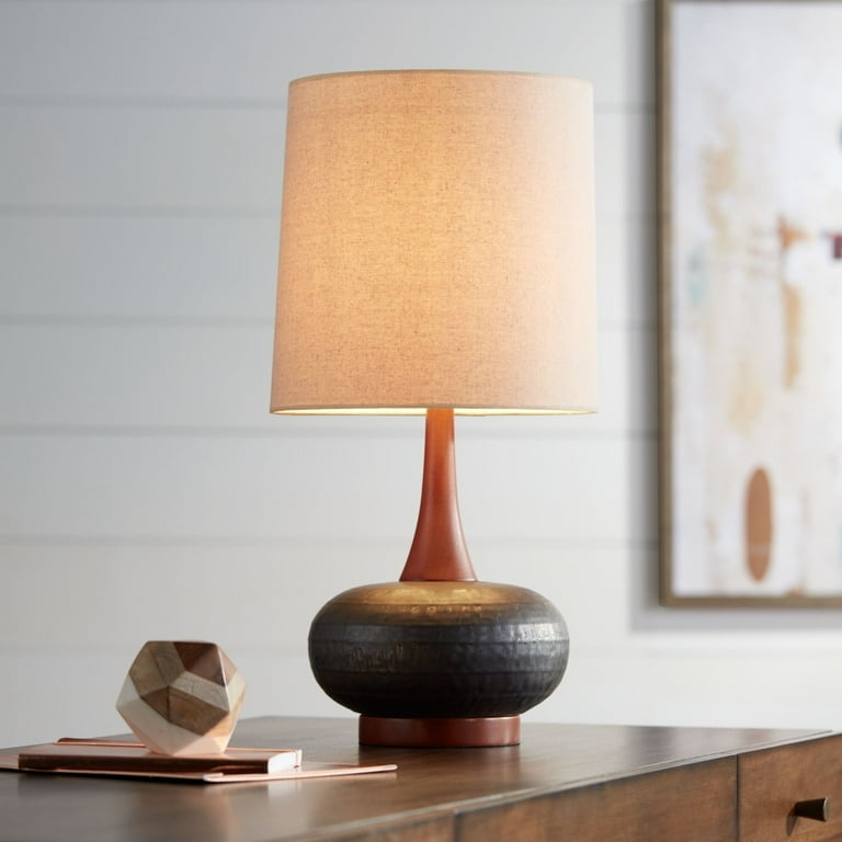 Table Lamp Hammered Bronze Ceramic, Wood Neck and Tall Drum Shade