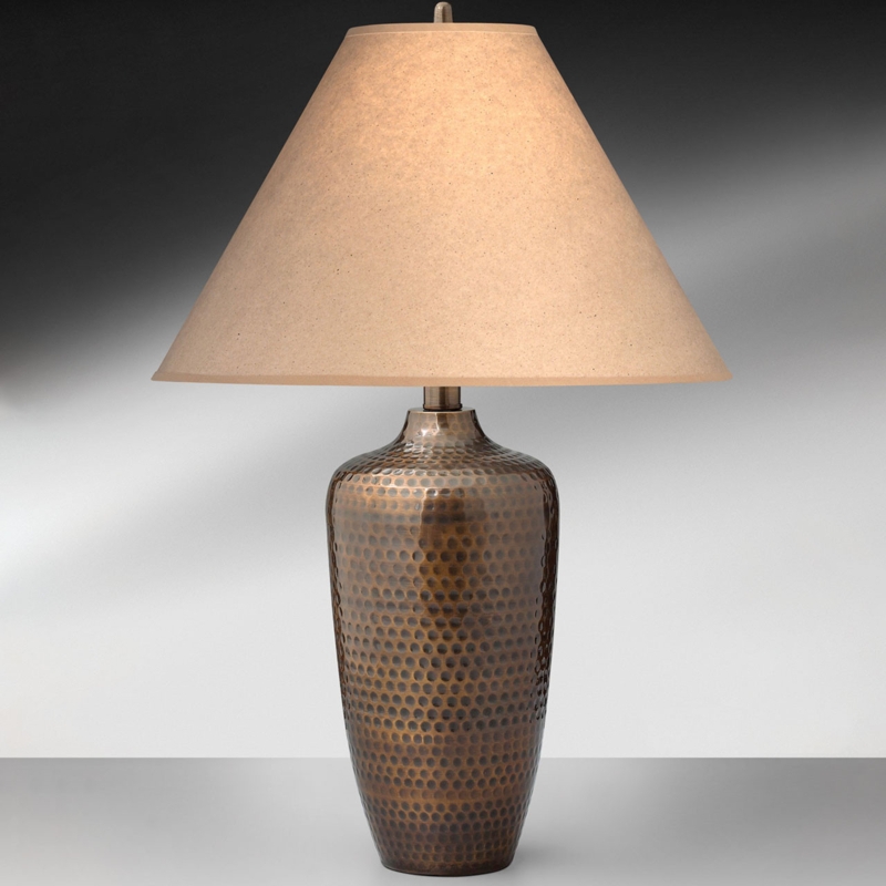 Table Lamp: Hammered Bronze Finish Drum Shade Lighting.