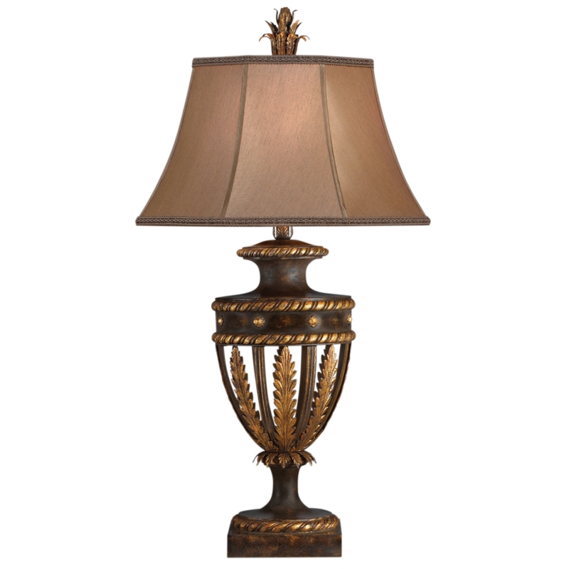 Table Lamp Hammered Gold Metal Base Tall Silhouette Linen Drum Shade