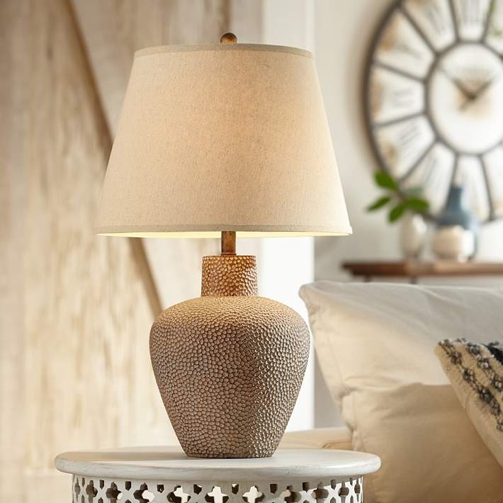 Table Lamp Hammered Pot Base Bronze Toned Drum Shade