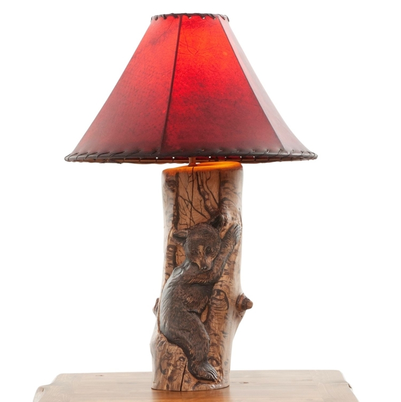 Table Lamp Hand Carved Bear Detail Log Base Cozy Bedroom