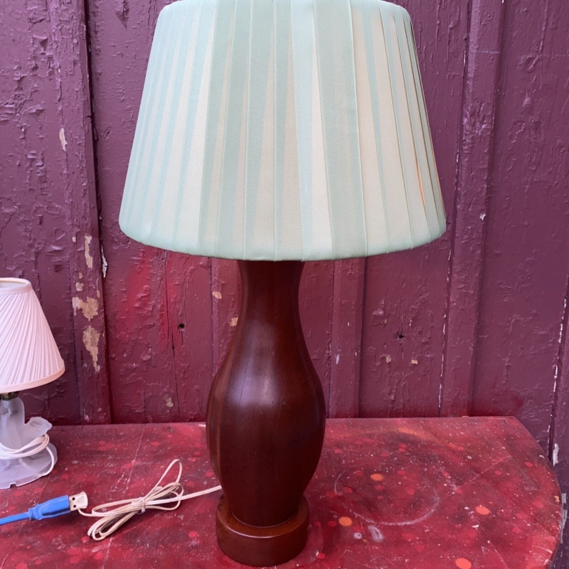 Table Lamp Hand Turned Wood Desk Lamp, Sculptural Base Linen Shade