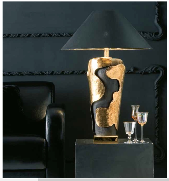 Table Lamp: High-Gloss Black Ceramic Tiered Base, Polished Gold Accents