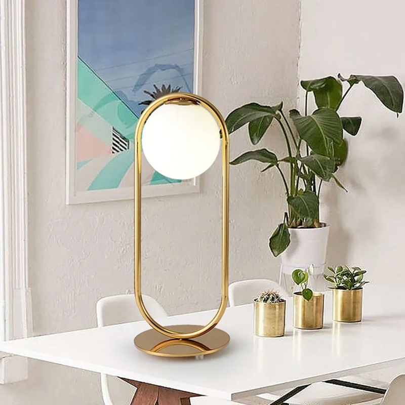 Table Lamp Hoop Frame Design Gold Finish Frosted Glass Sphere Glam