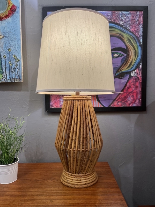 Table Lamp Hourglass Woven Rattan Base White Shade Coastal Bohemian