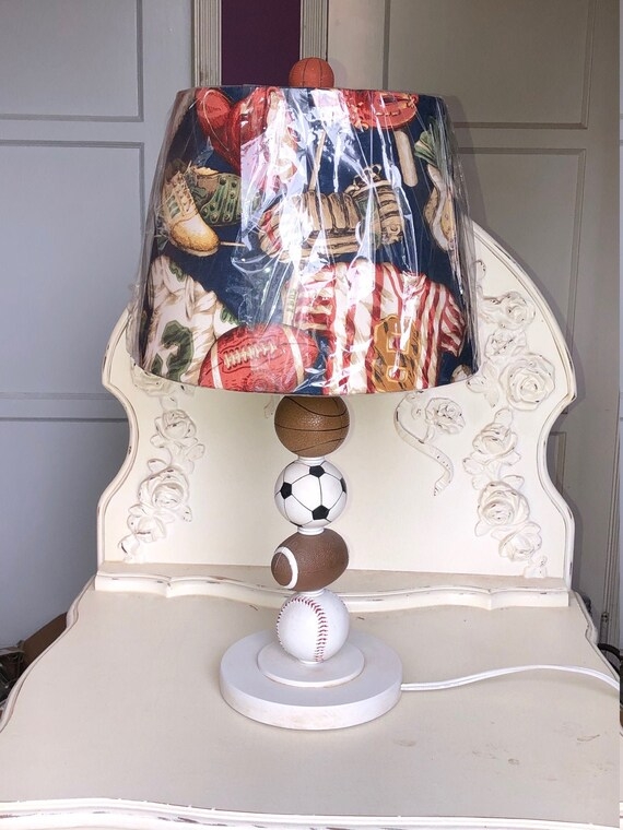 Table Lamp Illustrated Sports Print Shade Stacked Ball Base