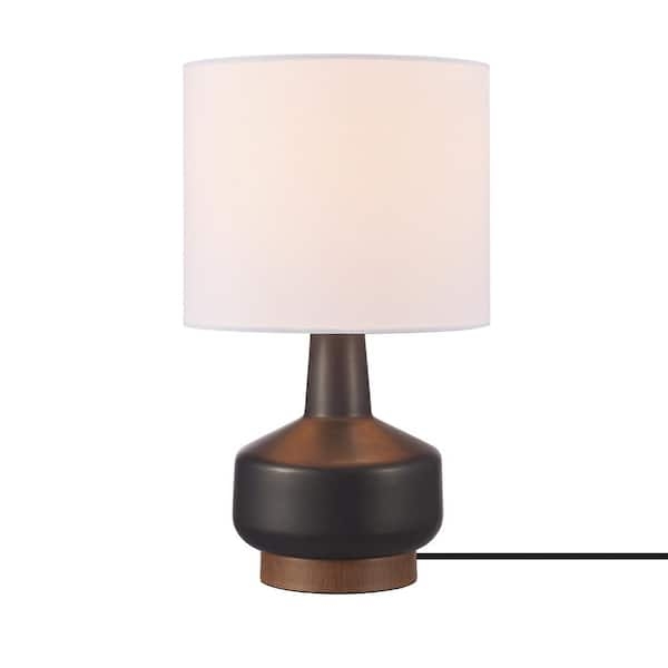 Table Lamp in Matte Black Ceramic with Wood-Toned Base Accent