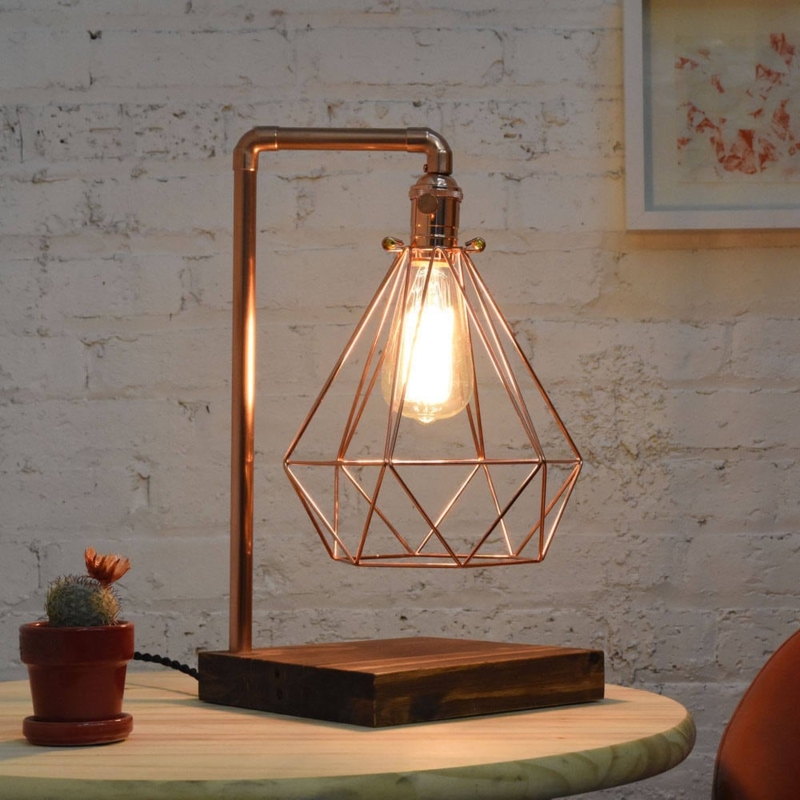 Table Lamp: Industrial Copper Diamond Wire Cage on Wood Block Base