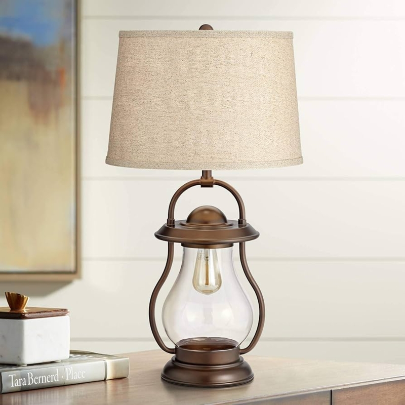 Table Lamp Industrial Lantern Base Integrated Nightlight Burlap Shade Bronze