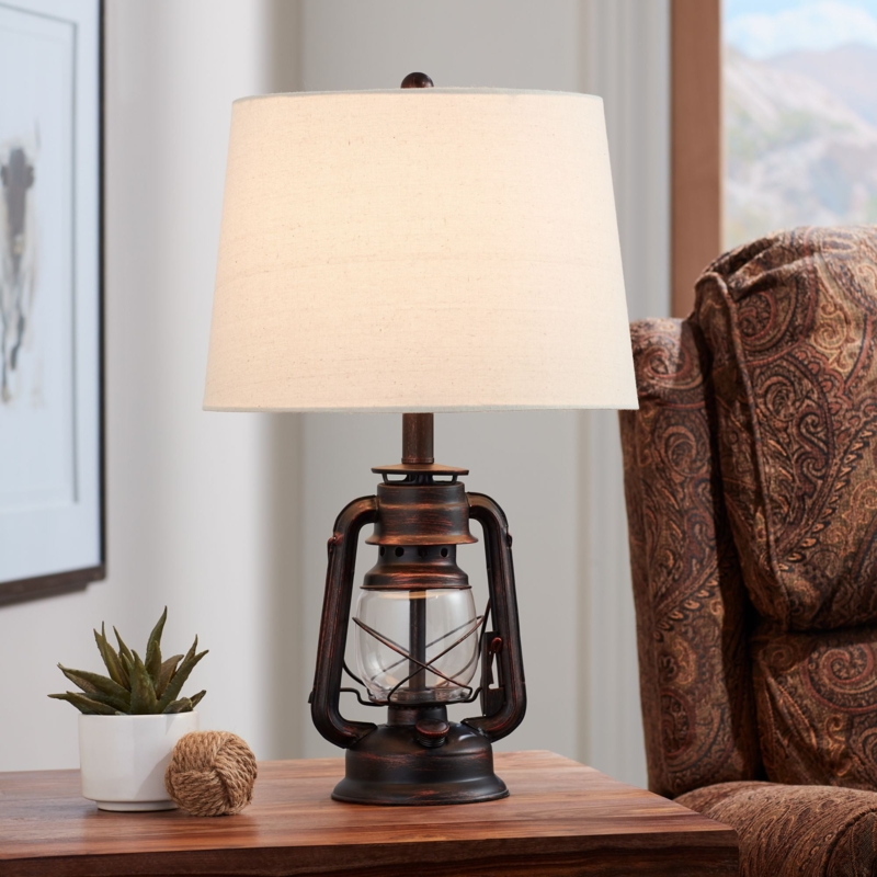 Table Lamp Industrial Miner Lantern Red Bronze Oatmeal Shade