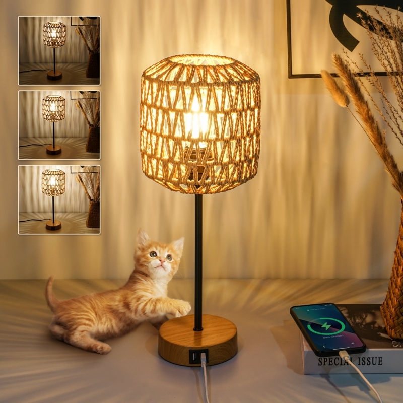 Table Lamp Integrated USB Port Woven Shade Textured Ceramic Bedside