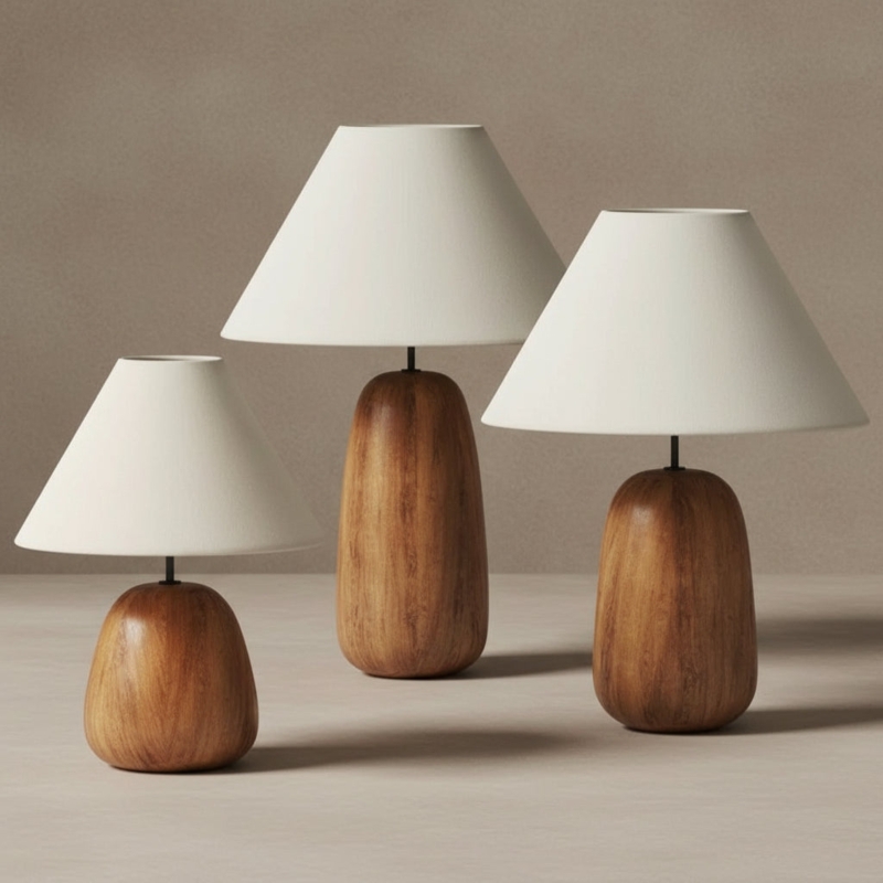 Table Lamp Interlocking Wood Base Geometric Japandi Style White Shade