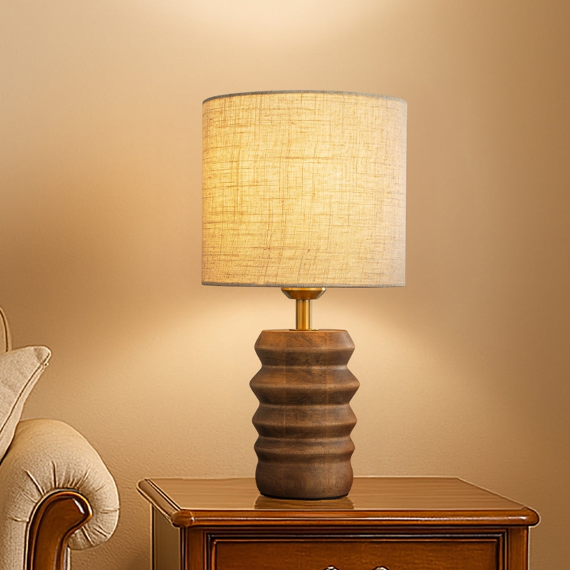 Table Lamp Japandi Minimalist Vertical Groove Wood Base Beige