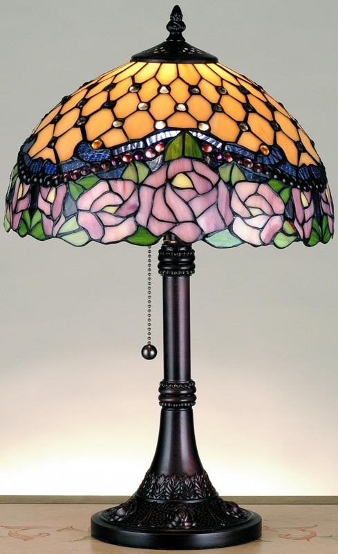 Table Lamp, Jeweled Rose Shade, Scalloped Edge, Bronze Finish