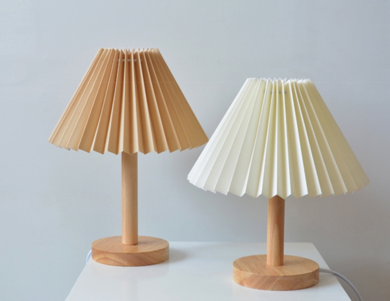 Table Lamp Korean Style Cream Pleated Shade Wood Base Minimalist