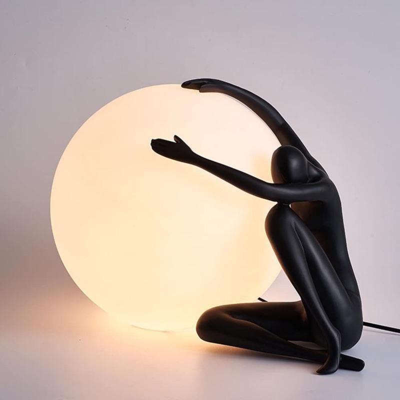 Table Lamp Lady Holding Ball Design Matte Black Sculptural